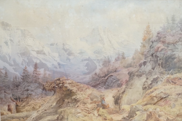 Edward Pritchett (1828-1876), watercolour, North Face of Mount Eiger and the Monch, 67 x 100cm. Condition - discoloured and foxed